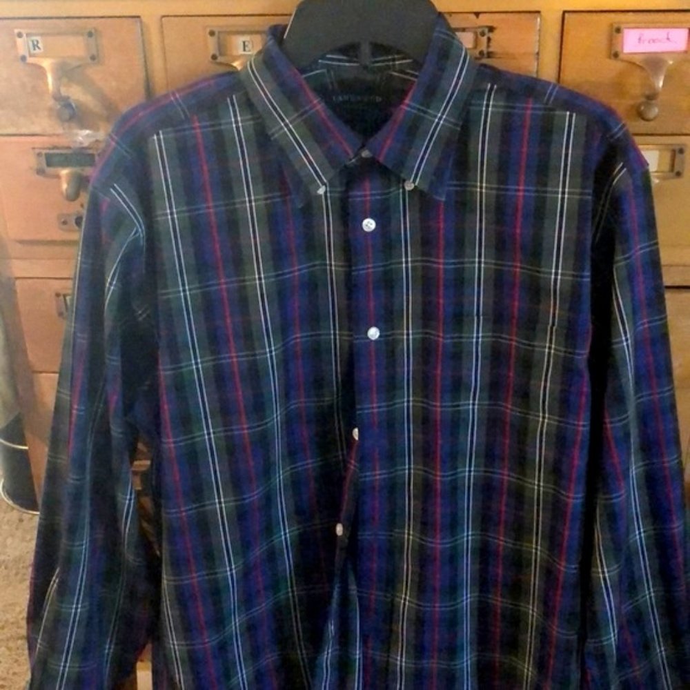 Lands end plaid button down red navy green No iron